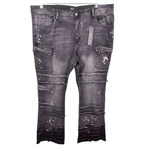 NovaMen Denim Jeans Men's Size 42 Black Side Snap Cargo Skinny Flare Bootcut‎